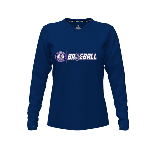 [CUS-DFW-TEES-PER-VNK-LSL-NVY-FYXS-LOGO1] Decker Performance T-Shirt (Female Youth XS, Navy, V Neck, Logo 1, Long Sleeve)