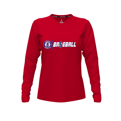 [CUS-DFW-TEES-PER-VNK-LSL-RED-FYXS-LOGO1] Decker Performance T-Shirt (Female Youth XS, Red, V Neck, Logo 1, Long Sleeve)